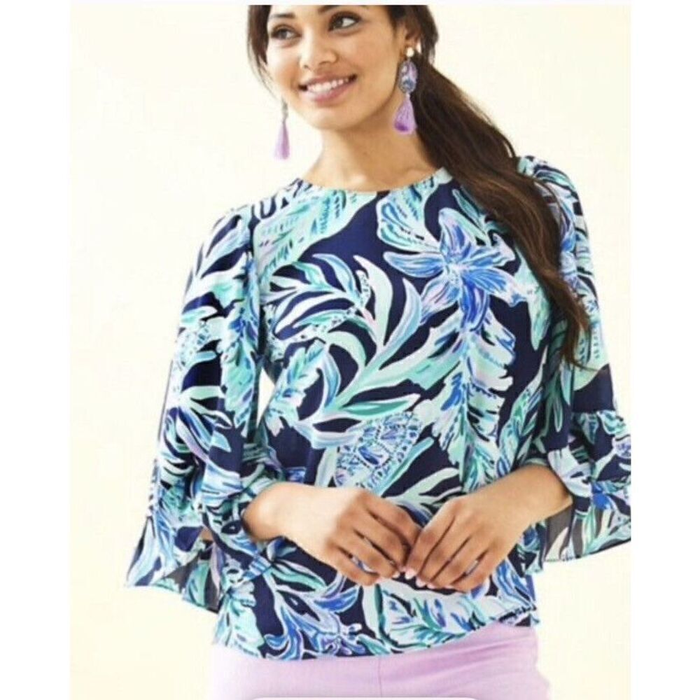 Lilly Pulitzer Francis top in High Tide Navy Ready Set Gecko women's size XS NEW